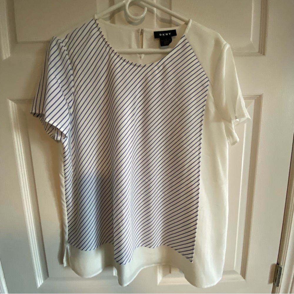 DKNY Women's Striped Navy and White Blouse